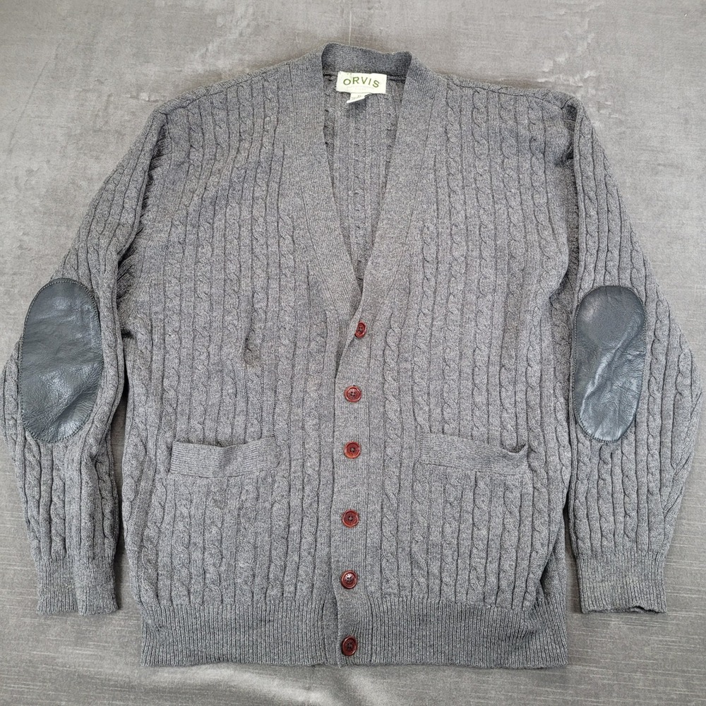 ORVIS Mens XL Cable Knit Lambswool Cashmere Cardigan Sweater‎ Leather Elbow Pads